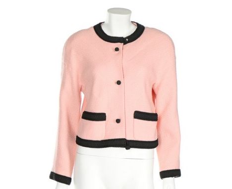 A Chanel Boutique pink tweed jacket, Spring-Summer 1990, labelled, with black knot buttons, chain weighted hem, bust 87cm, 34