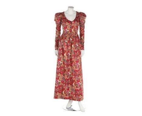An Yves Saint Laurent paisley printed cotton satin ensemble, 1970s, Rive Gauche labelled and size 40, the bodice with button 