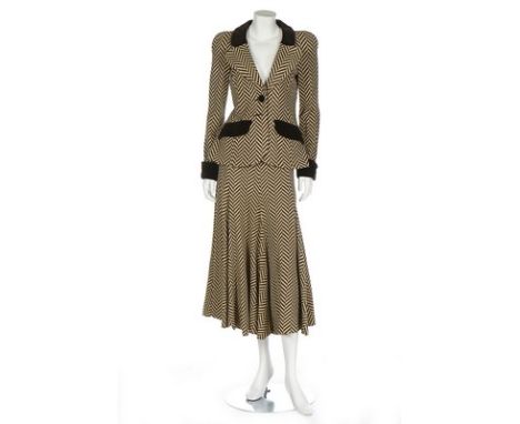 A Biba chevron-striped knitted jersey ensemble, circa 1973-75, printed satin art nouveau label, in shades of brown, the jacke