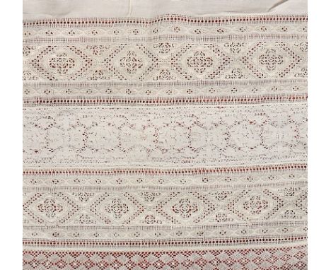 A reticella and bobbin lace edged apron, Danish, 18th century, the hem inset with lace bands, whitework embroidery with retic
