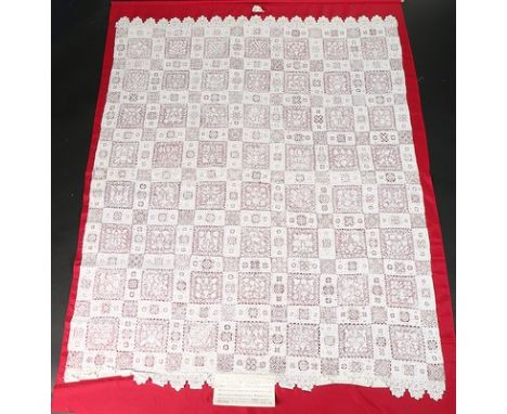 A fine lacis, reticella and cutwork cover, early 17th century, worked with fifty-six square embroidered filet panels each wor
