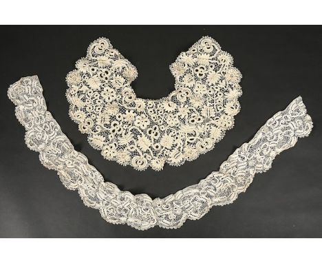 A quantity of mixed lace, mostly 19th century, including a tulle stole edged with Brussels bobbin lace; two Irish crochet col