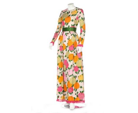 A Christian Dior couture silk gazar floral printed dress, late 1960s, white on black woven label and numbered 24382, green sa