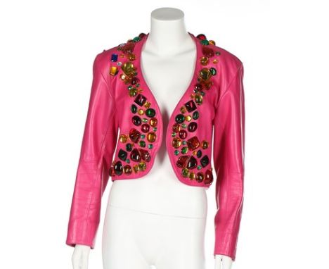 An Yves Saint Laurent hot-pink 'gem' adorned leather jacket, Spring-Summer 1990, Rive Gauche labelled and size 38, with colou