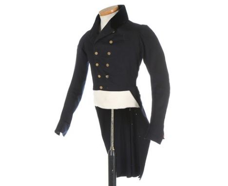 A young man's navy facecloth tailcoat, early 19th century, with velvet notched collar, cast gilt buttons by Firmin & Sons, in