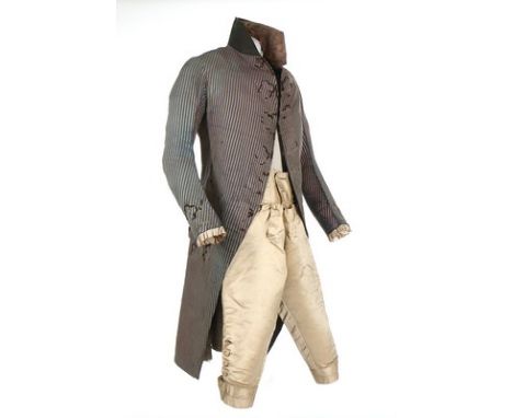 A gentleman's pink and blue striped silk tailcoat, 1790-1800, with tall standing collar, chest 102cm, 40in; together with a p