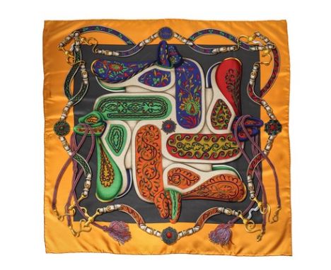 Six Hermès printed silk scarves, 1970s-modern, including the brightly coloured 'Festival' by Henri d' Origny, 1992; two examp