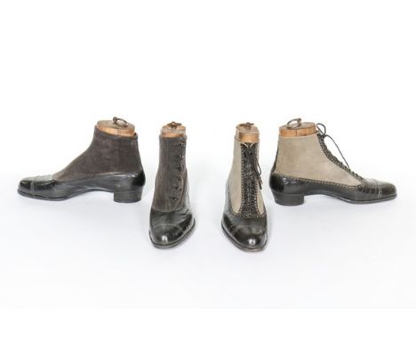 Two pairs of gentlemen's ankle boots on wooden lasts, 1900-1910, one with brogue-like decoration, laces and suede uppers; the