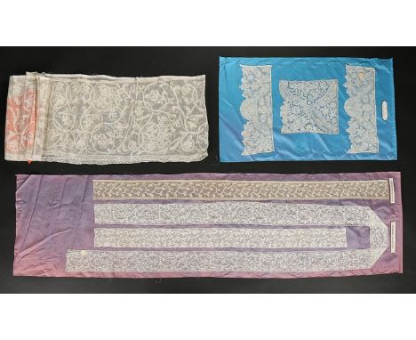 Flemish and Italian bobbin tapelace, late 17th and 18th centuries, five cloth panels mounted with lengths iincluding Italian 