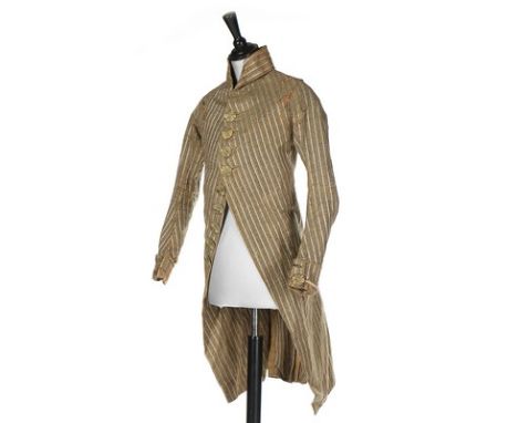 A young man's printed tiger-striped silk and cotton tailcoat, circa 1790-1800, with high fold-over collar, slim cut-away fron