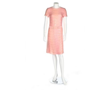 A Chanel pink herringbone tweed and sequinned dress, 2001, labelled and size 36, with attached front button belt; together wi