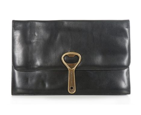 A Moschino black leather clutch bag with 'can opener' clasp, modern, the interior zip pocket also with matching pull tab, 30c