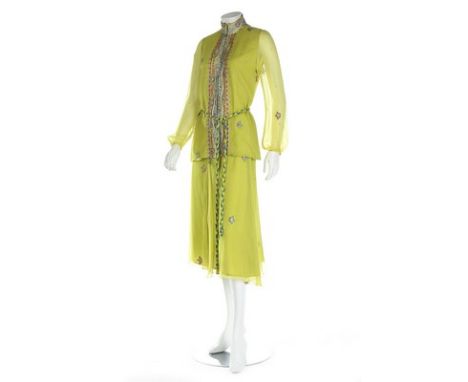 A Thea Porter chartreuse chiffon ensemble, 1970s, labelled 'Thea Porter Couture', the blouse and skirt with Indian-style embr