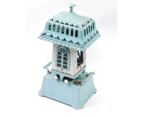 A Victorian late 19thC cast iron and enamel oil stove, of twin handled tower form with a pierced lid, No 137889., 51.5cm high