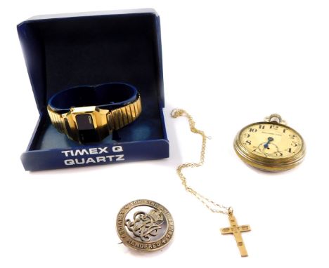 A 9ct gold cross on chain, WWI silver war badge, German Railway Time pocket watch, and a Timex SSQ Quartz wrist watch, boxed.