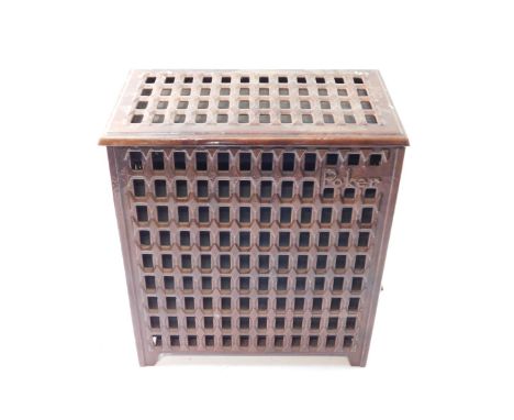 A French 1930's Poker brown enamel wood burning stove, 56cm high, 50.5cm wide, 29cm deep.