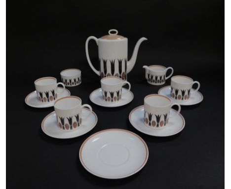 A Susie Cooper porcelain part coffee service decorated in the Corinthian pattern, C2056, printed mark, comprising coffee pot,