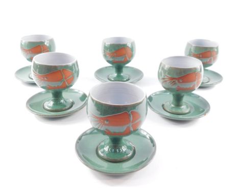 Six Wellhouse of Paignton green glazed prawn cocktail goblets and saucers, printed mark.