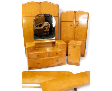 A mid century burr maple and mahogany bedroom suite, comprising lady's double wardrobe, with two doors opening to reveal two 