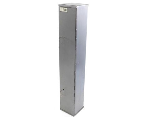 An Eiger Range grey metal gun cabinet, with two keys, 137cm high, 23cm wide, 22cm deep.