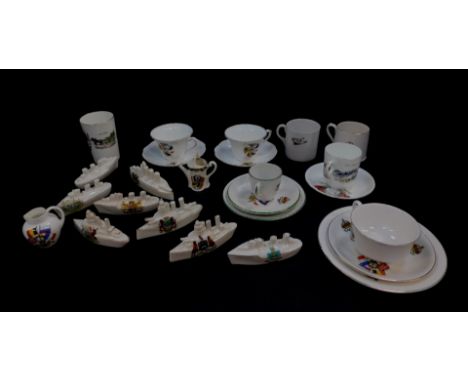 Eight crested china porcelain models of battle ships and other naval craft, crested and commemorative china commemorating Pea