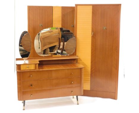 A mid century teak two tone 'Dependable' bedroom suite, having curled mahogany formica veneers, comprising a double wardrobe,