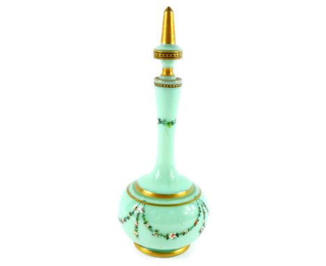 A French late 19thC turquoise glass scent bottle and stopper, of baluster form, enamel decorated with festoons of flowers, an