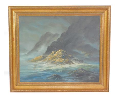 Robert Ixer (British, b.1941). Stormy coastal seascape with cliffs, oil on canvas, signed, 49.5cm x 59cm.
