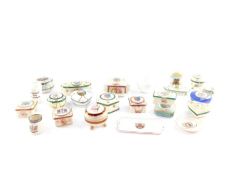 English and Continental crested china trinket boxes, of square, circular and heart shaped form, Royal Worcester pin dish deco