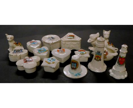 Grafton Carlton and other crested china, including a Glad Eyes Bird, Arms of Cheltenham., moulded box, Arms of Dartmouth., pl