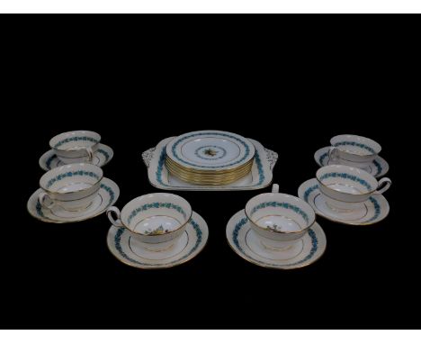 A Wedgwood porcelain part tea service decorated in the Appledore pattern, W3257, printed and painted marks, comprising bread 