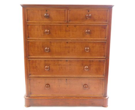 A Victorian mahogany chest, of two short over four long graduated drawers, raised on a bracket base, over bun feet, 143cm hig