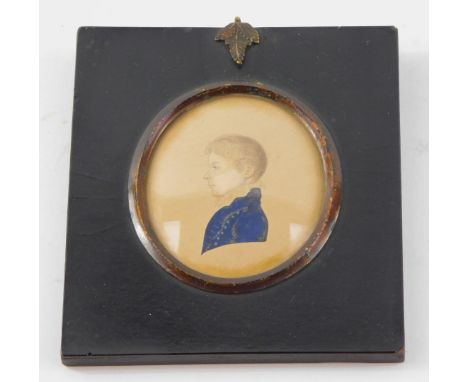 English School (Early 19thC). Miniature half length portrait of a boy, facing left, in a blue jacket, 72mm high, 61mm wide.