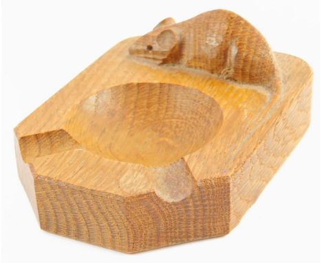 A Mouseman light oak ashtray by Robert Thompson of Kilburn, 7.5cm wide, 10cm deep.