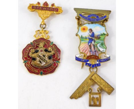 A Masonic jewel, named to W. Bro. E W Sutton., For His Most Valuable Services, Lodge of Patience and Industries, No 5781., to