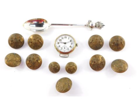 A WWI period wristwatch, 51st Highland Light Infantry, circular white enamel dial bearing Arabic numerals, Swiss movement, th
