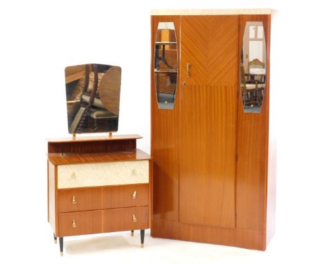 A mid century teak and laminate 'Popular' part bedroom suite, comprising a single door wardrobe, flanked by two oblong mirror