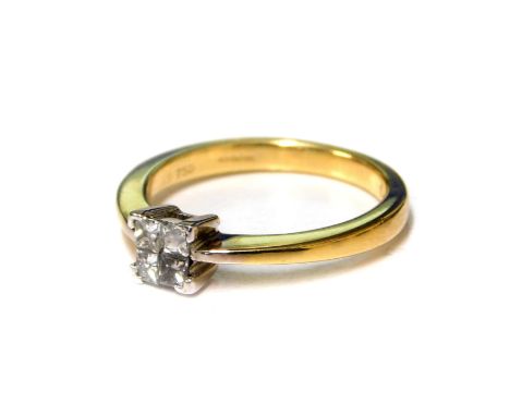 An 18ct gold and diamond four stone ring,  set with princess cut diamonds in a square claw setting, approx 1/4 carat, size K,