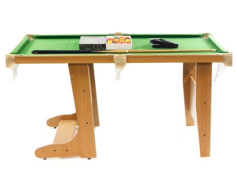 A BCE Le Club 5ft folding pool table, light oak framed with dart board to the reverse side, on a shaped stand, 181cm high, 79