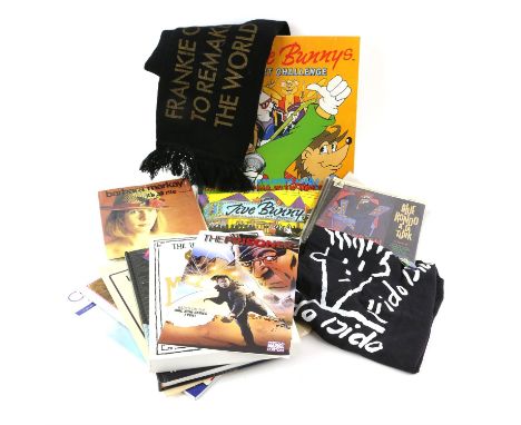 A collection of film and music memorabilia including a Frankie Goes to Hollywood fan club scarf, assorted books and brochures