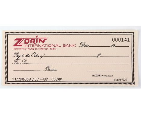 James Bond - A View to a Kill (1985) Prop Cheque from the movie starring Timothy Dalton, 'Zorin International Bank', 7 x 17 c