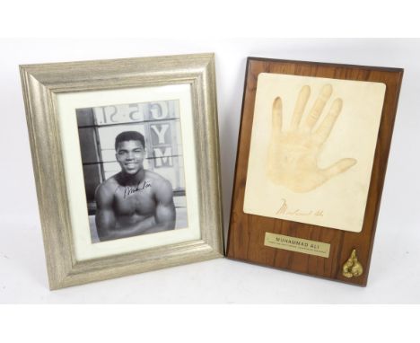 Boxing - Muhammad Ali - Black and white photographic print, signed in black, framed, overall 34 x 40 cm and a mounted hand pr