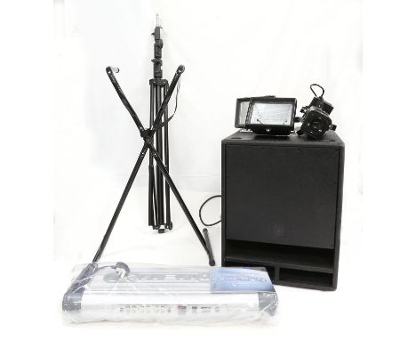 Stage related items including dB Technologies Sub 05 Stereo Active Subwoofer with user manual, 3 stage lights, one with air c