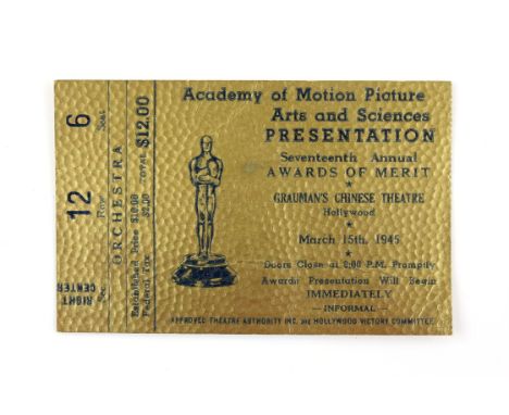 An original ticket stub from the 17th Annual Academy Awards in 1945, 7 x 11 cm. 