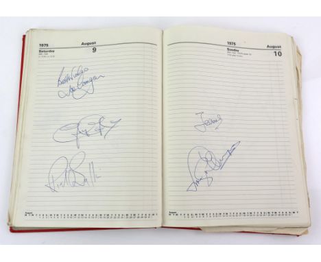 Autographs - Large Diary from 1975 containing over 300 signatures including Bobby Moore x 2, Wilfred Brambell, Brian May, Gra
