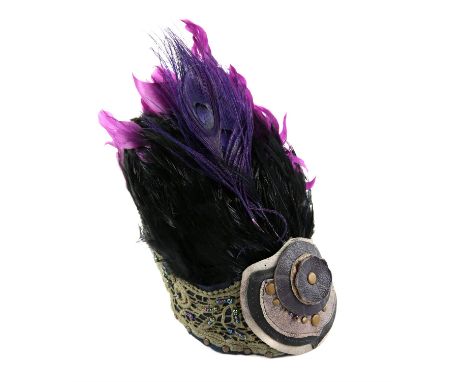 Lady Gaga - a purple feather headdress from the Monster Ball tour, 2009 - 2011, Bedford Falls Headwear label on reverse, appr