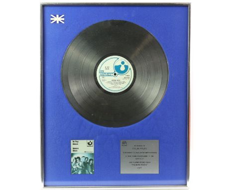 Be Bop Deluxe - Certified BPI Platinum disc award presented to Colin Miles to recognise the sale, in the United Kingdom, of m