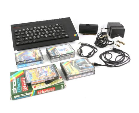 Sinclair ZX Spectrum + Games console with Saisho DR10 Datacorder, games including Make a Chip, Cascade, The Hobbit, Sportspac