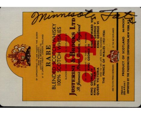Minnesota Fats, legendary billiards and pool player. A signed 3. 5x2. 5 'JandB Whisky' King of Hearts playing card. Good cond
