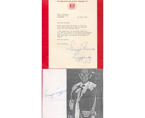 George Thomas, 1st Viscount Tonypandy signed 8x6 black and white paper photo and a House of Lords TLS dated 5th March 1988. T